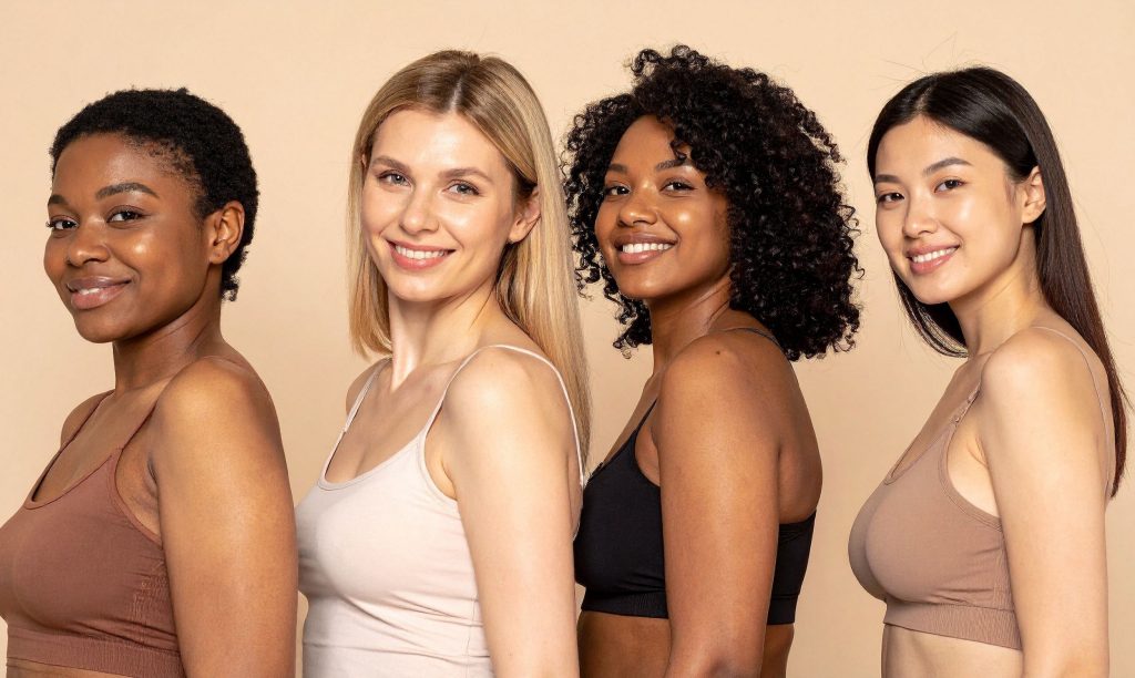 Four women standing on beige background